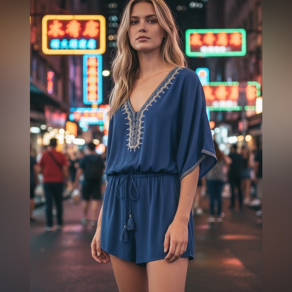 White House Black Market Royal Blue Embroidered Romper – Size 2